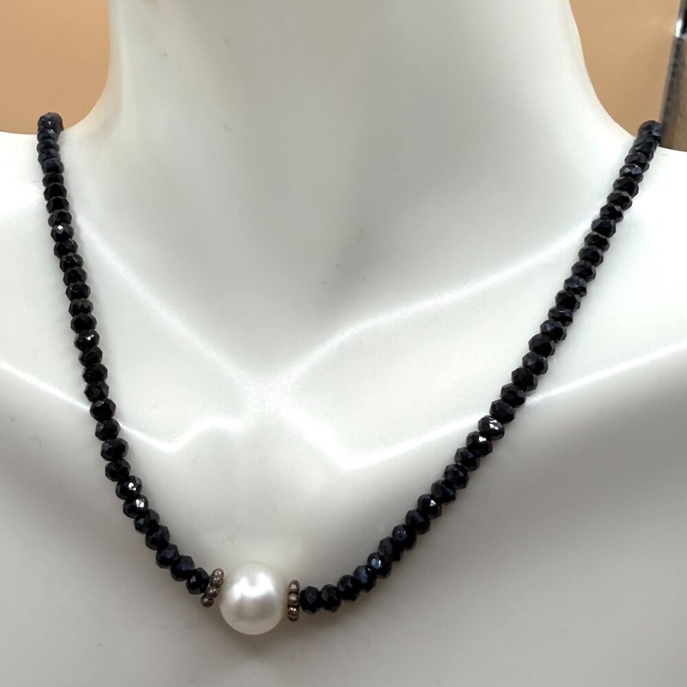 Vintage Black Crystal White Pearl Sterling Silver Necklace 925 Estate Jewelry